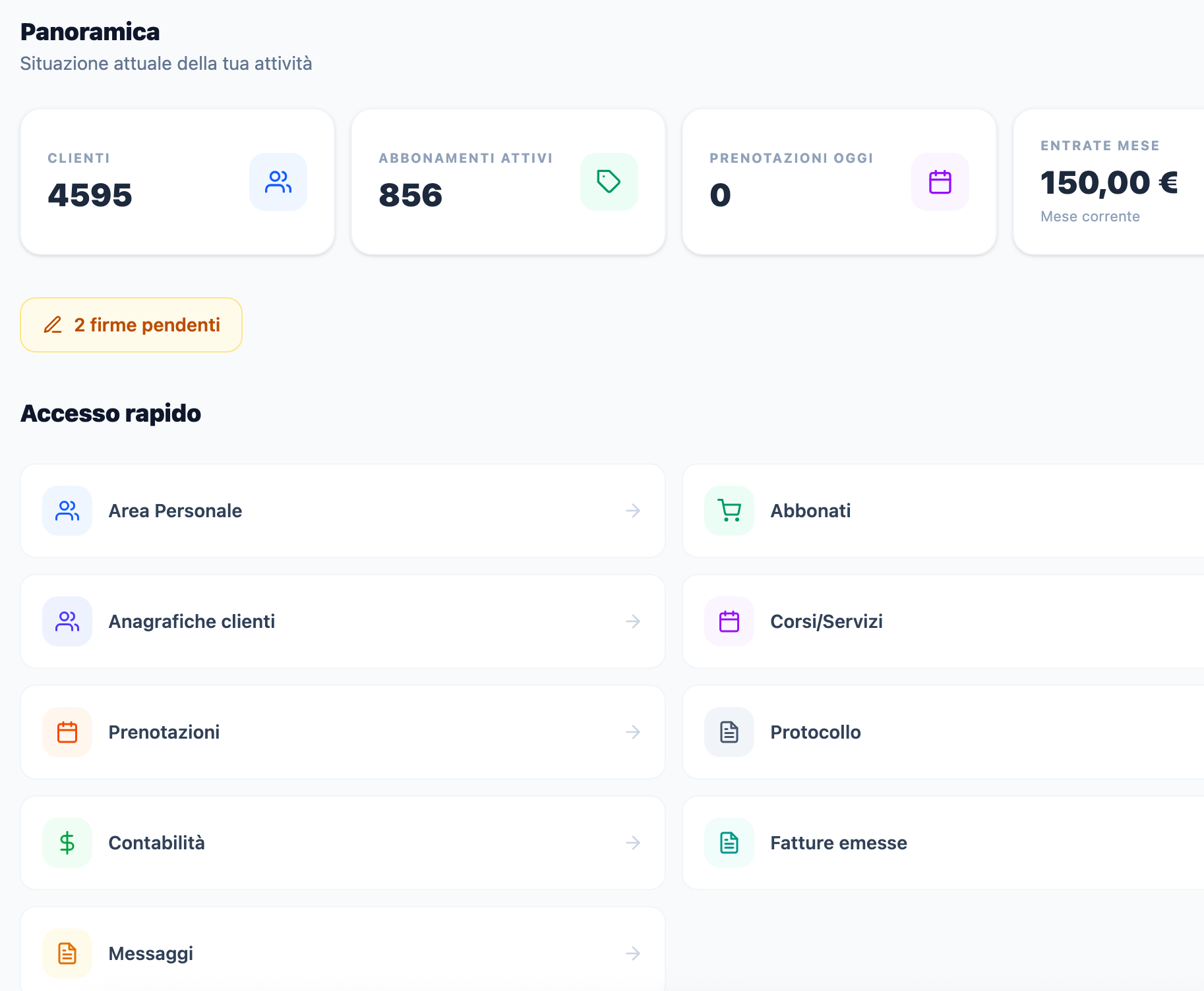 Dashboard di Annotatio Hub con clienti, abbonamenti attivi, prenotazioni del giorno, entrate mese e accesso rapido ai moduli