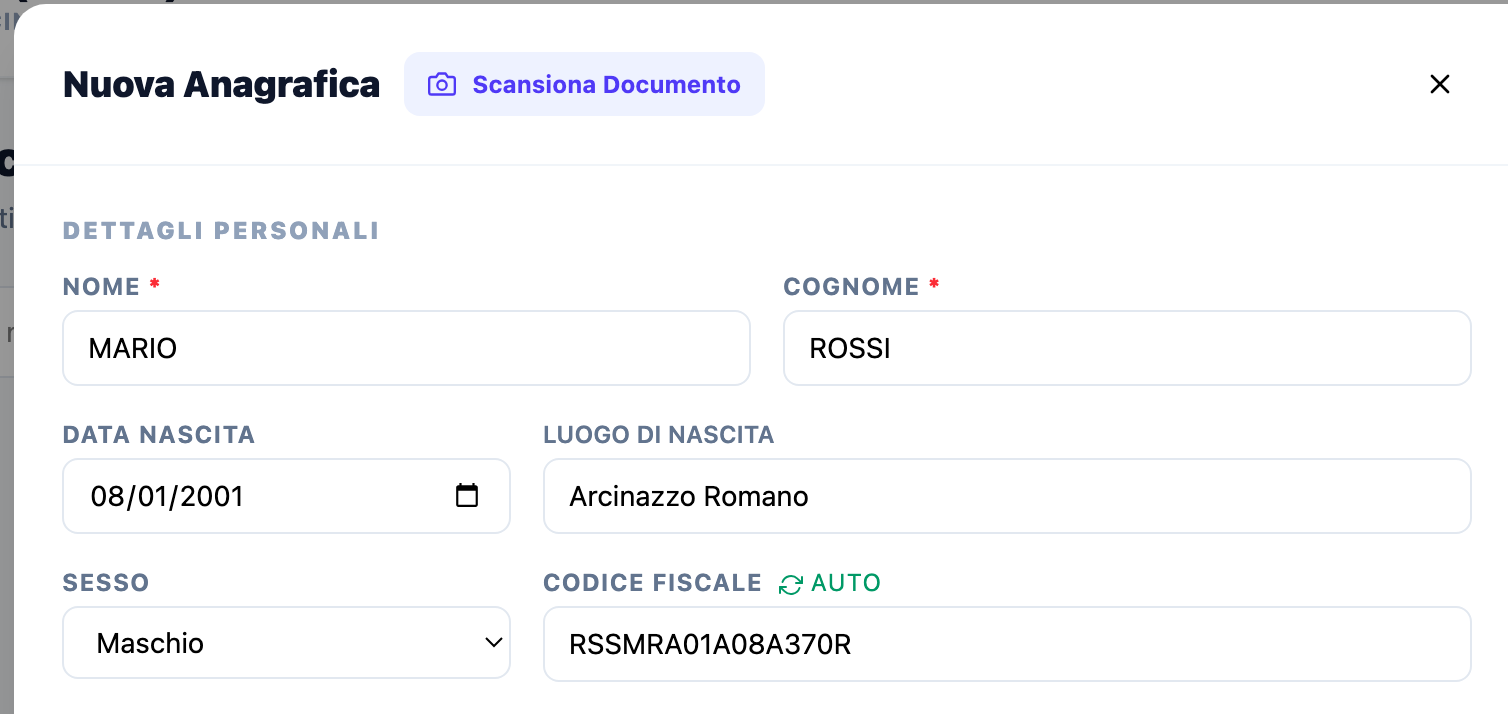 Form anagrafica compilato automaticamente dopo la scansione